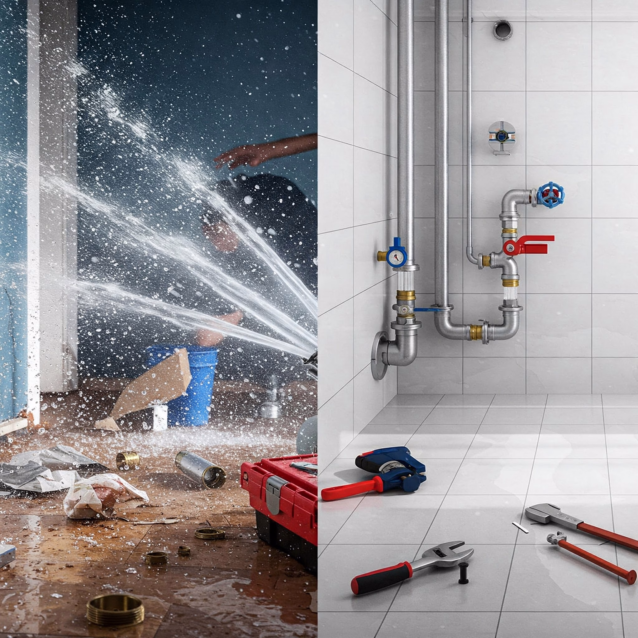 Side-by-side comparison of a burst pipe causing water damage and the same area after professional plumbing repairs. pipe repairs and replacements in durban home