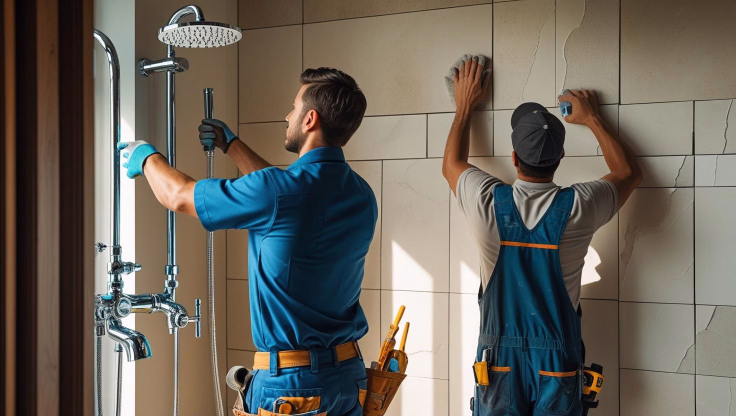 bathroom renovations in durban plumbers fitting a new shower while doing bathroom renovation in durban