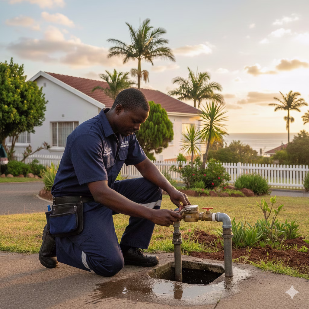 plumber technician fixes water meter in durban yard 
